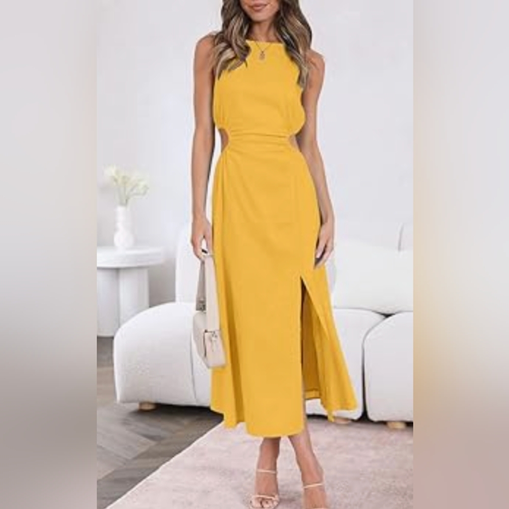 Cutout Linen Cotton Sleeveless Slit Midi Dress